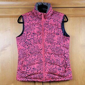 Lands' End Women's Coral and Navy Floral Down Full Zip Puffer Vest - XS